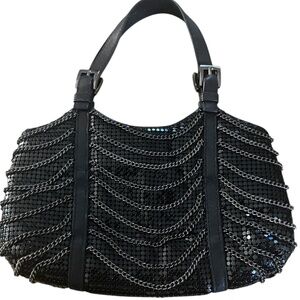 WHITING & DAVIS Chainmail Black Leather, Mesh, & Chain Mini Handbag Evening Bag